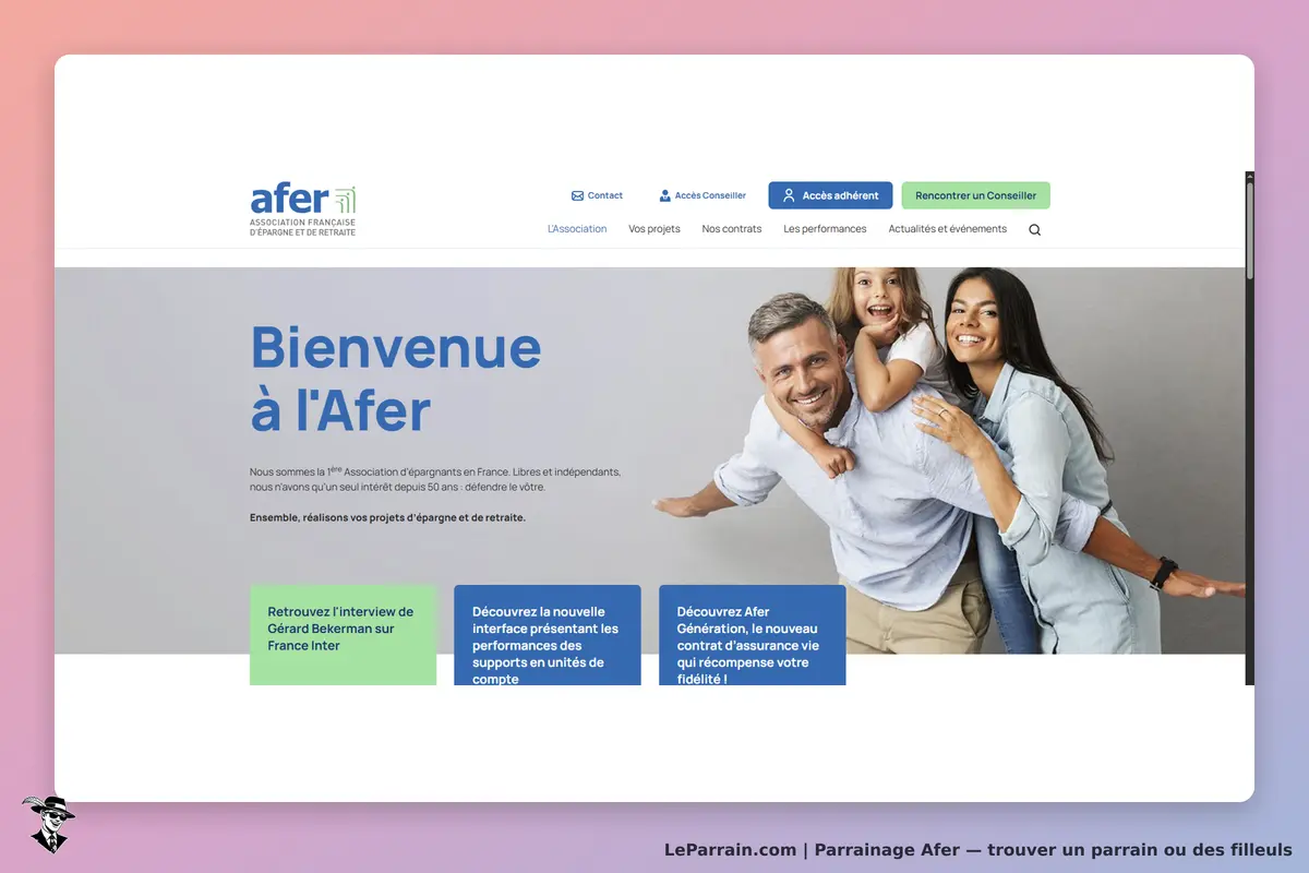Afer : page d'accueil avec le message de bienvenue et une famille souriante en arrière-plan