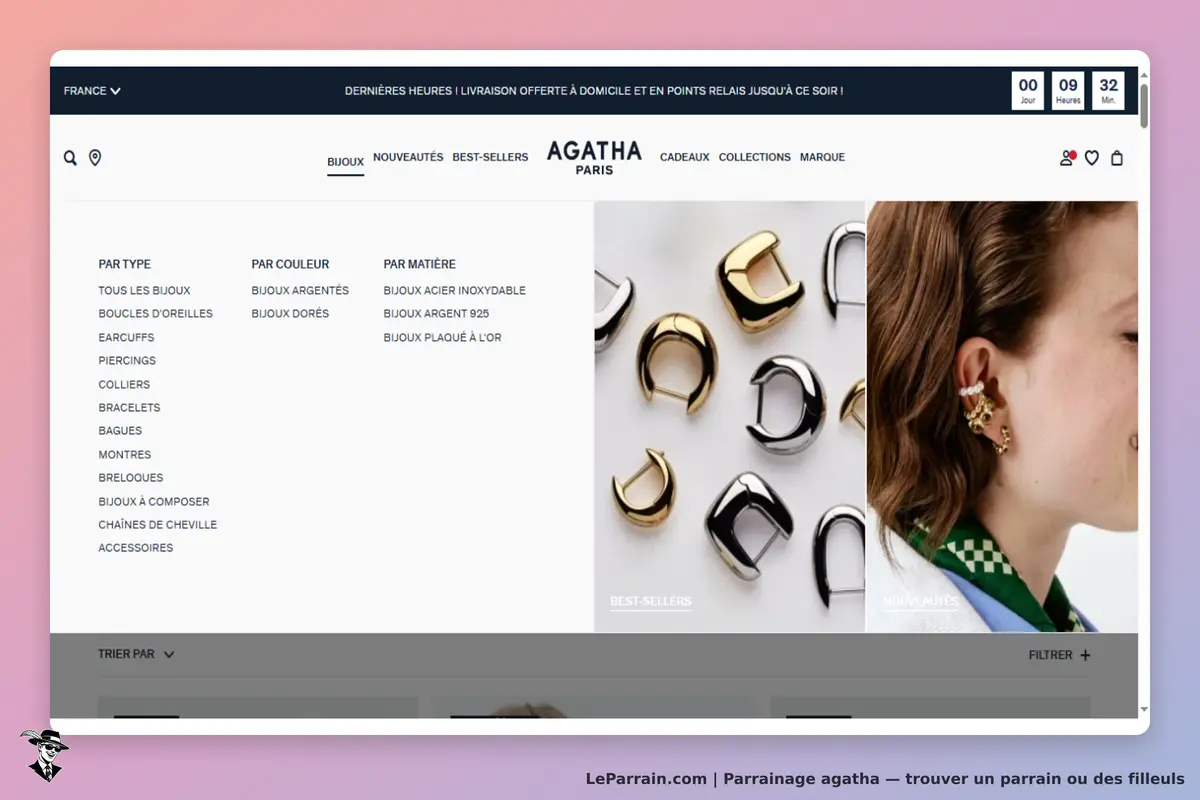 AGATHA : page d'accueil présentant des bijoux et un modèle portant des boucles d'oreilles