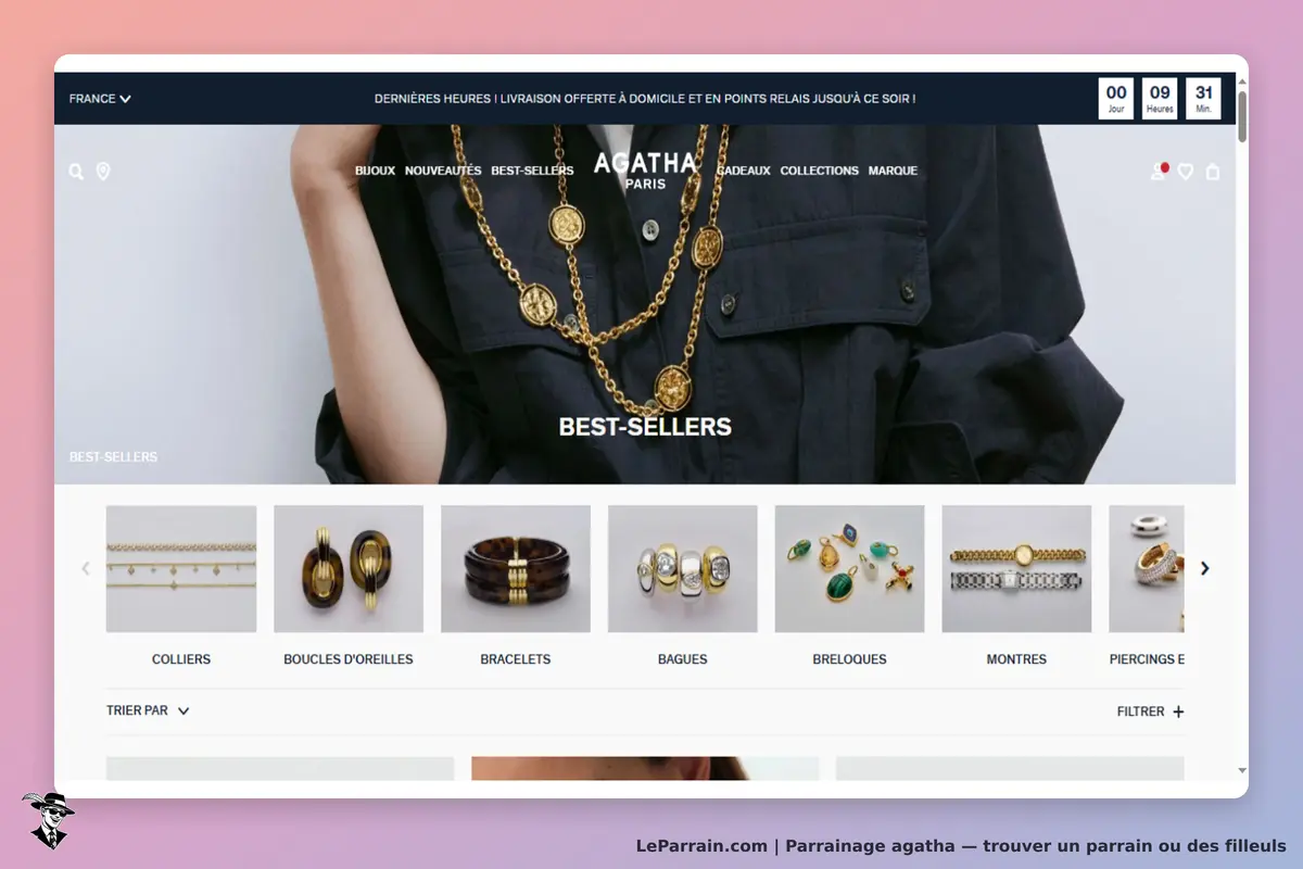 Agatha : page d'accueil présentant des bijoux et une personne portant un collier doré