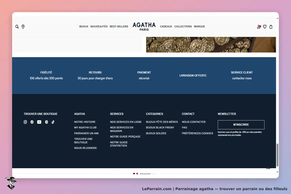 AGATHA : page d'accueil avec menu, informations sur la fidélité, retours et services proposés
