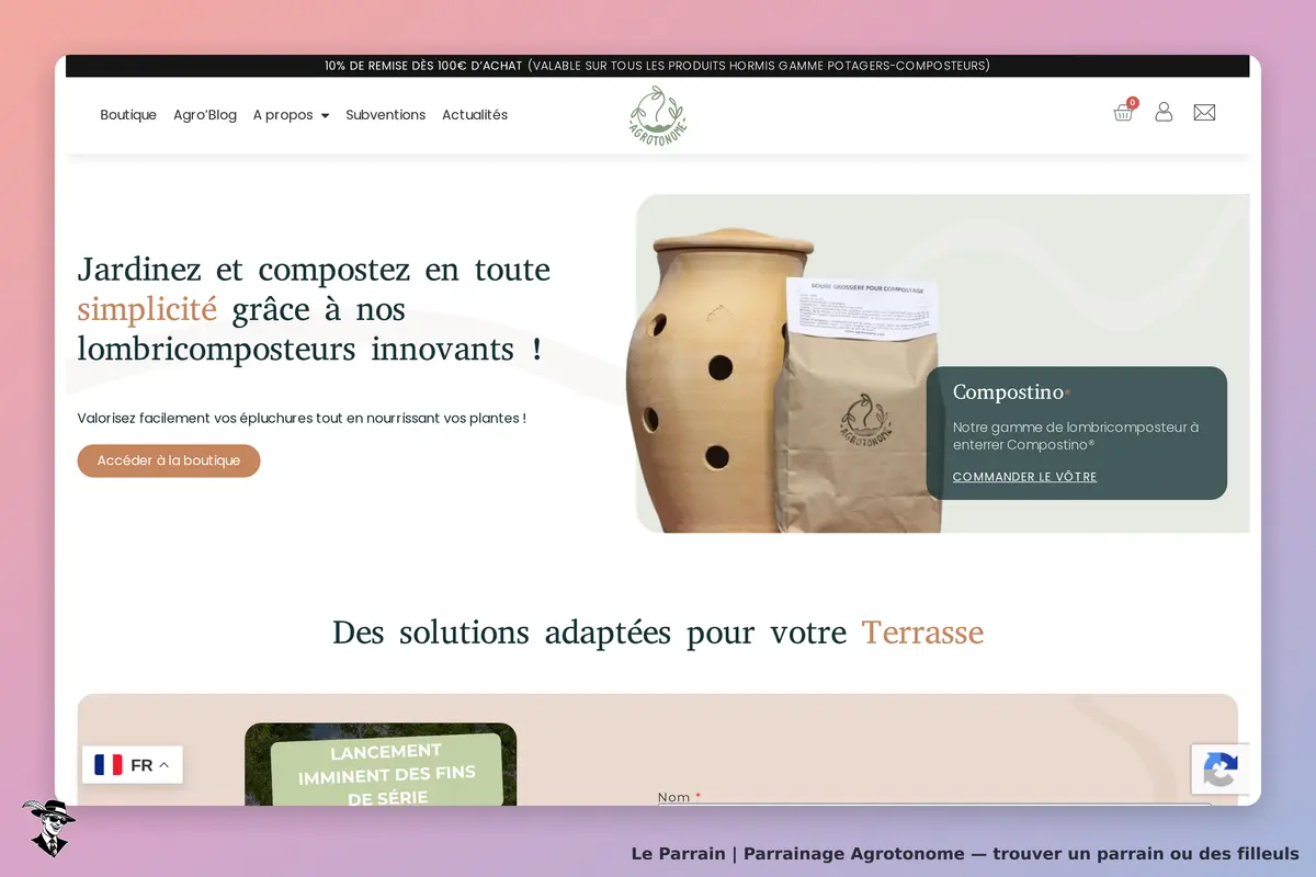 Agrotonome : page d'accueil présentant des lombricomposteurs et un accès à la boutique
