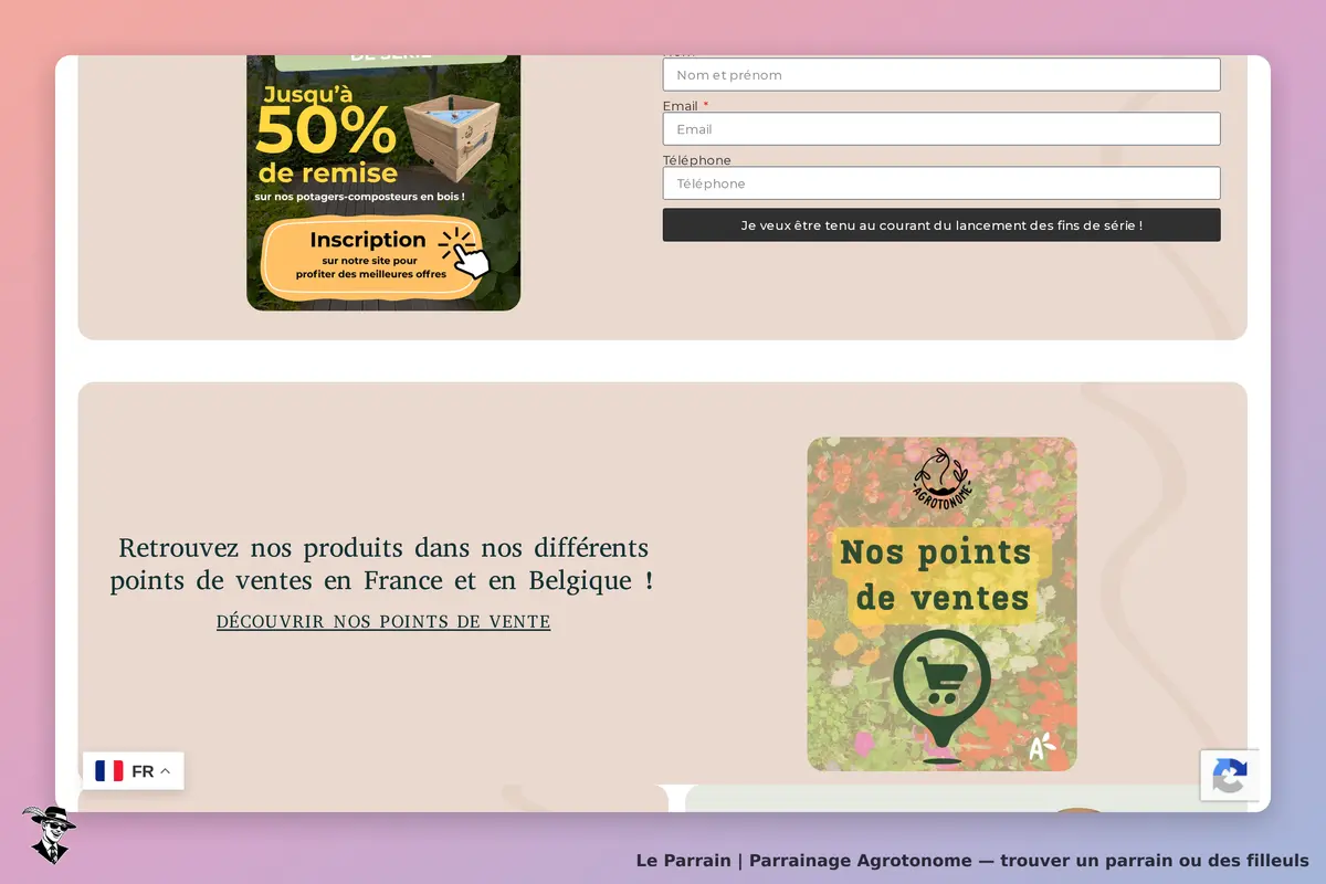 Agrotonome : page d'accueil avec formulaire d'inscription et informations sur les points de vente