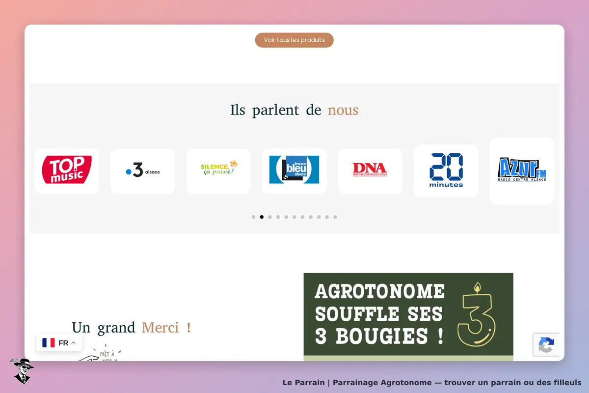 Agrotonome : logos de médias et message de remerciement sur la page d'accueil