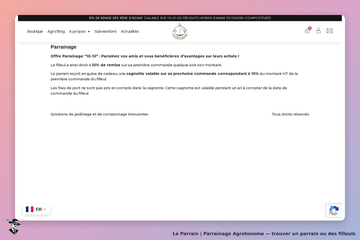 Agrotonome : page d'accueil sur le parrainage avec informations et conditions affichées