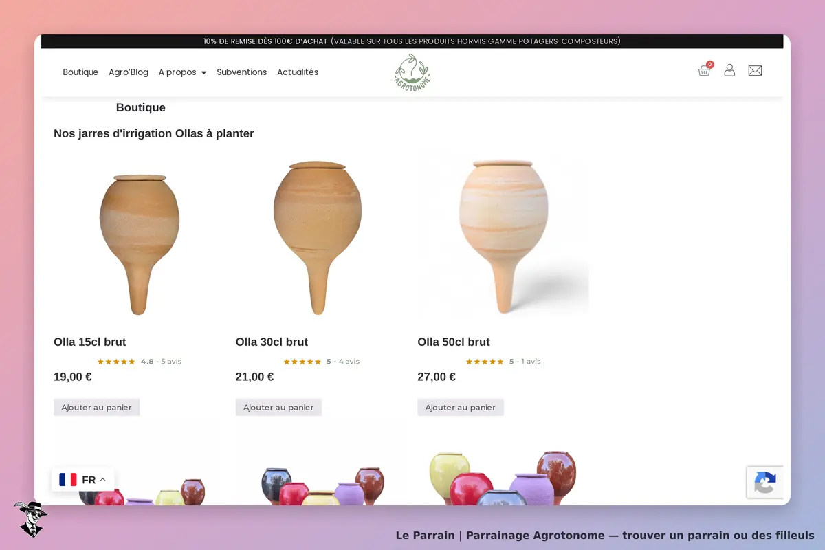 Agrotonome : page de la boutique présentant des jarres d'irrigation Olla à planter