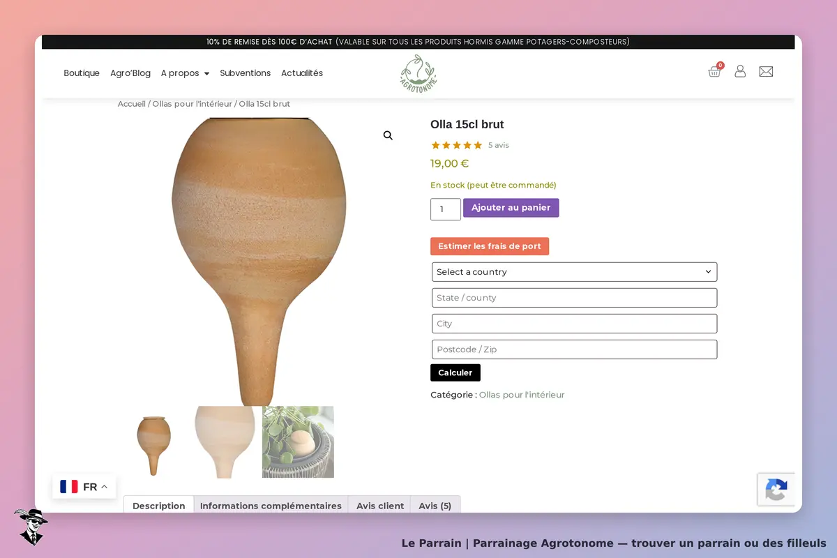 Agrotonome : page produit affichant une olla en terre cuite de 15 cl avec options d'achat