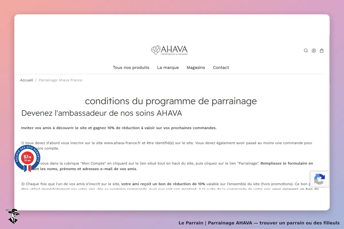AHAVA : conditions du programme de parrainage sur la page d'accueil du site