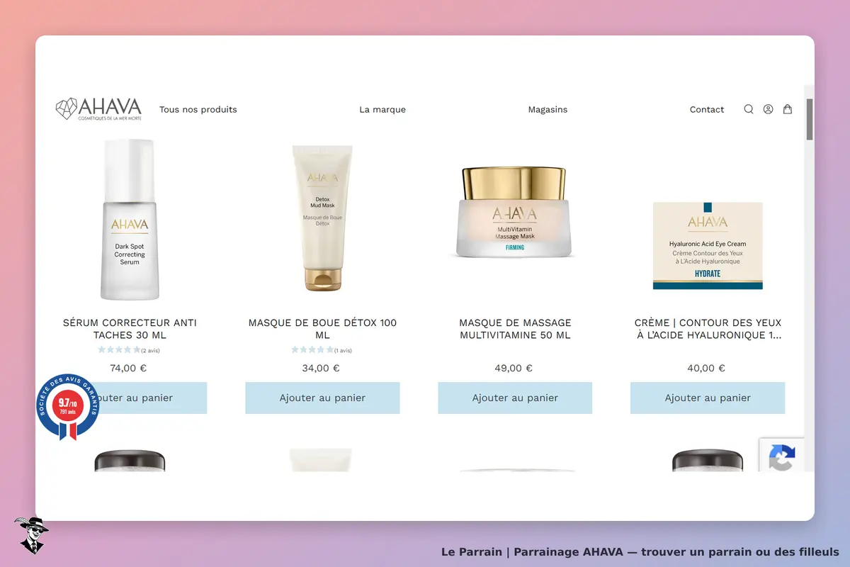 AHAVA : page d'accueil présentant plusieurs produits cosmétiques avec options d'ajout au panier