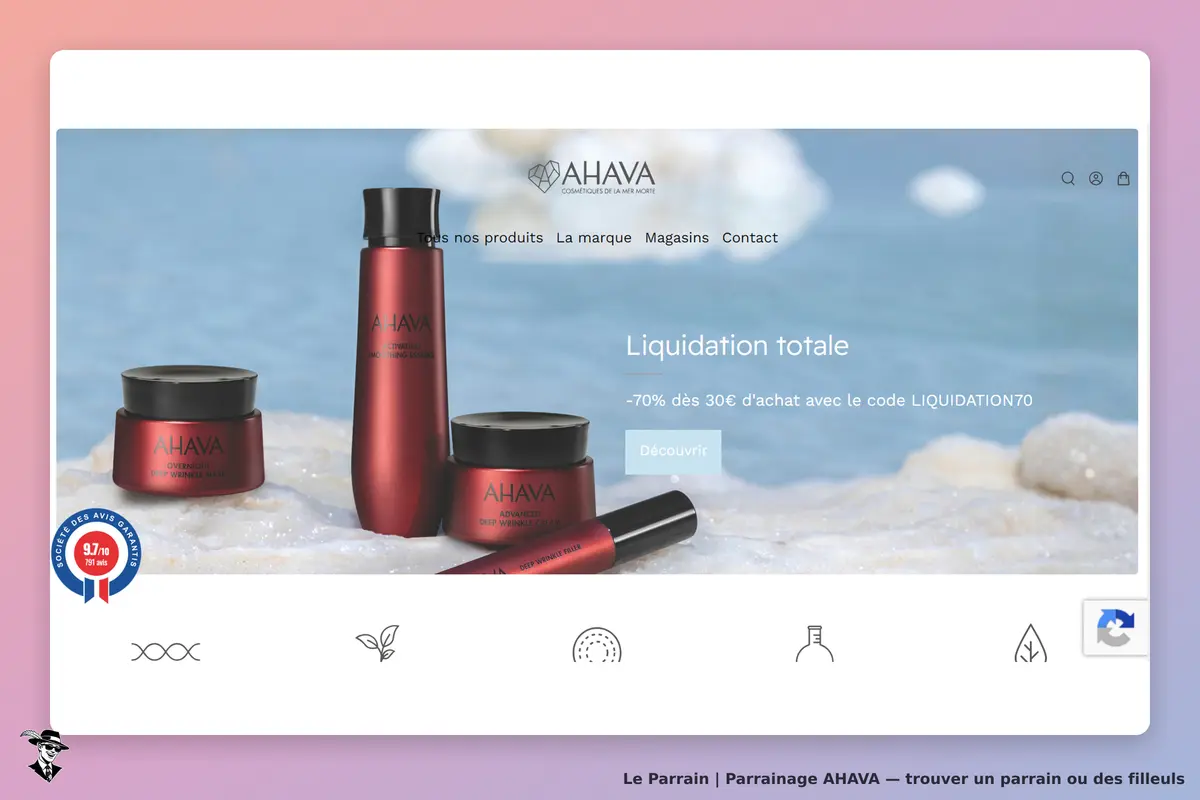 AHAVA : produits cosmétiques affichés sur un fond naturel, avec un message promotionnel