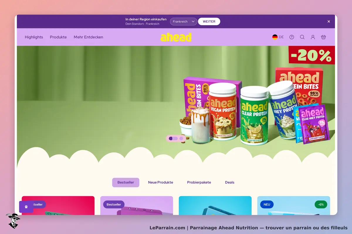 Ahead Nutrition : page d'accueil avec divers produits de nutrition sur fond vert