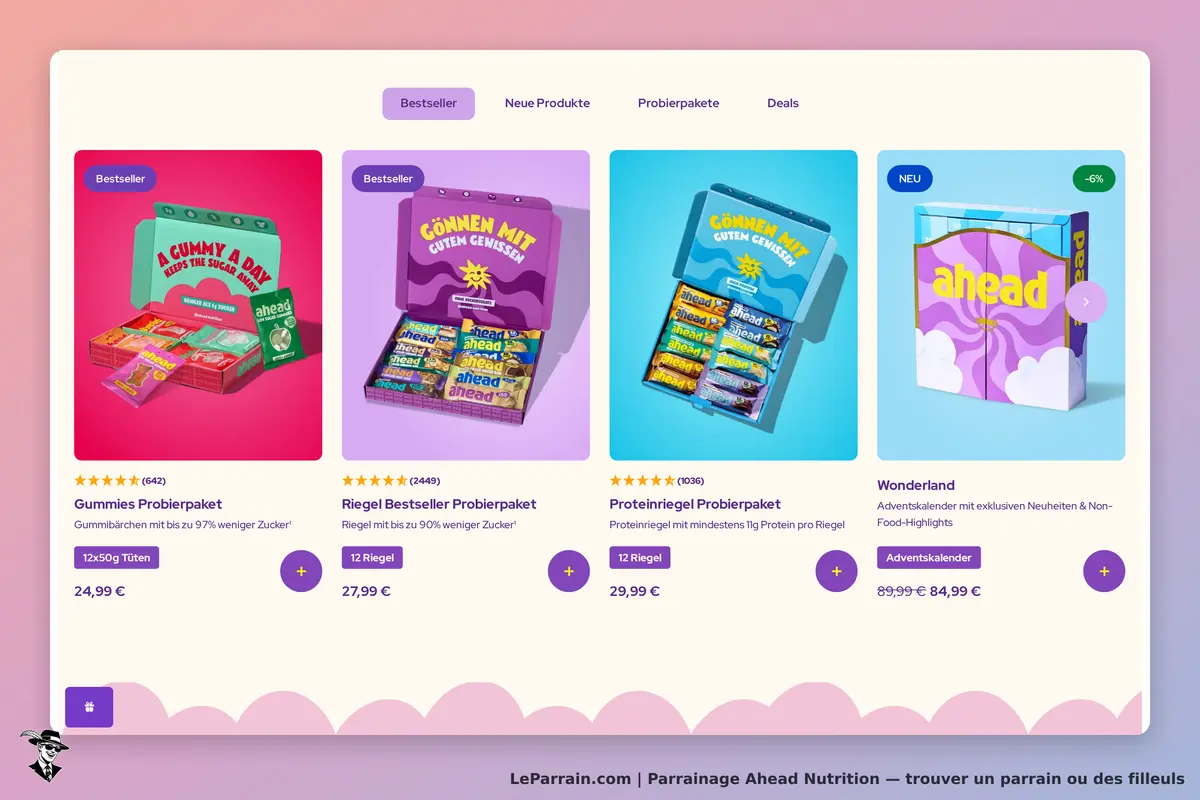 Ahead Nutrition : page d'accueil affichant plusieurs paquets de produits et évaluations