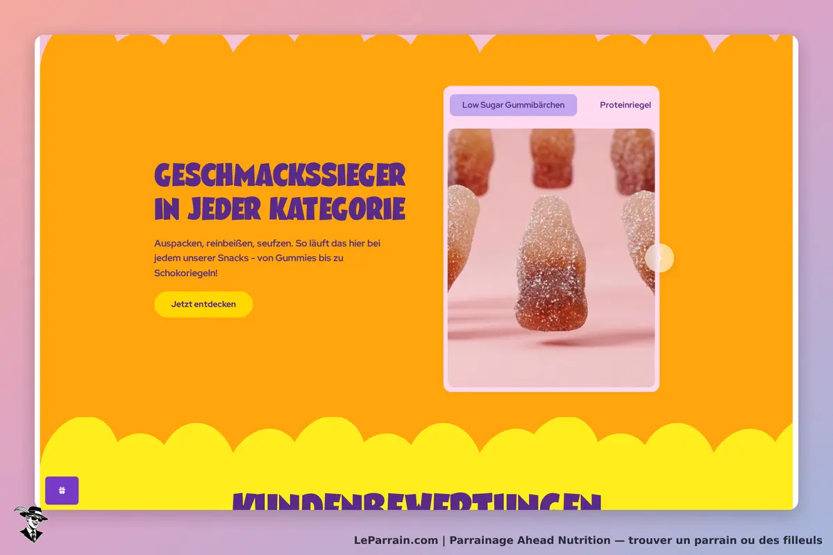 Ahead Nutrition : page d'accueil avec des bonbons gélifiés et un bouton pour explorer les produits