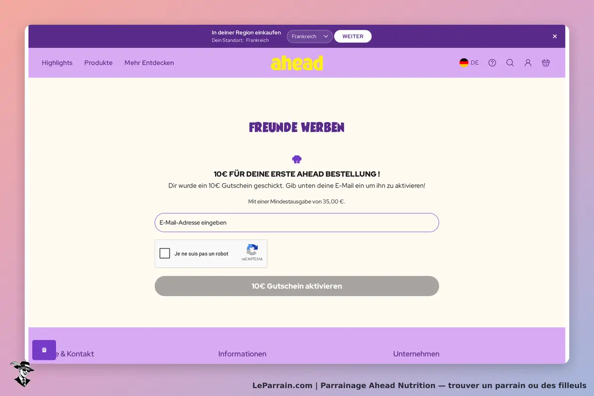 Ahead Nutrition : page d'accueil avec formulaire pour activer un coupon par e-mail
