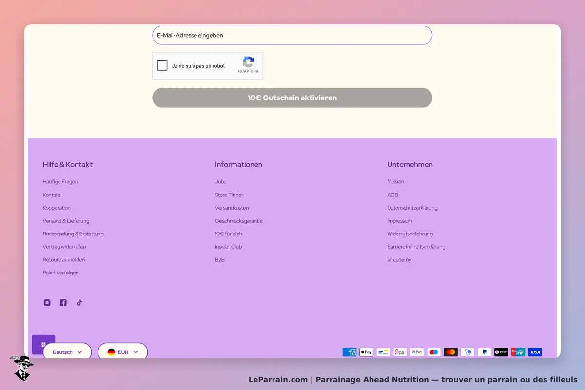 Ahead Nutrition : formulaire d'inscription avec des liens d'information en bas de page