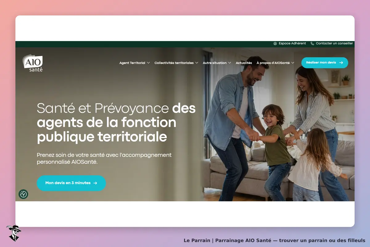 AIO Santé : page d'accueil avec une famille dansant, texte sur la santé des agents publics