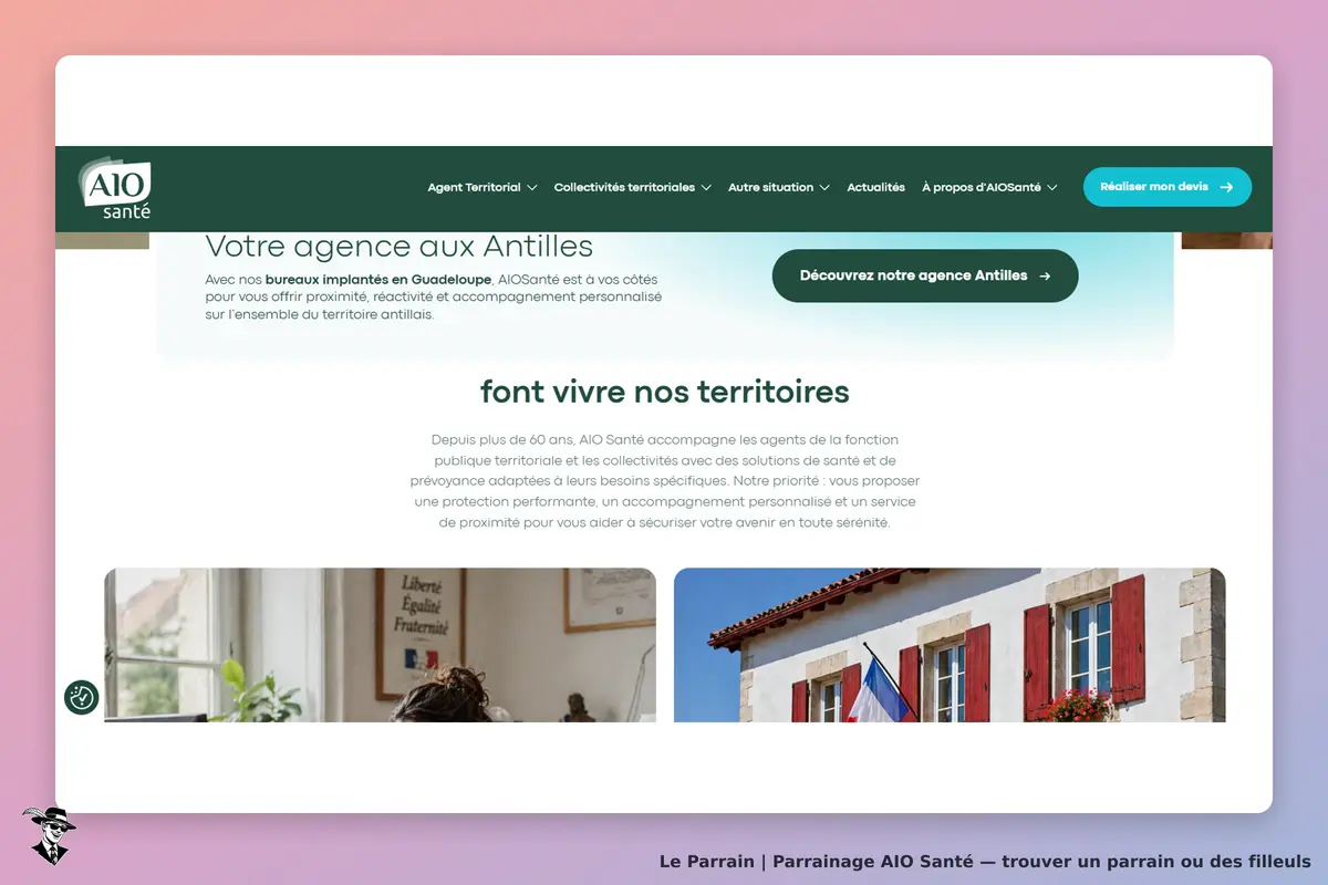 AIO Santé : page d'accueil présentant l'agence aux Antilles et des services de santé