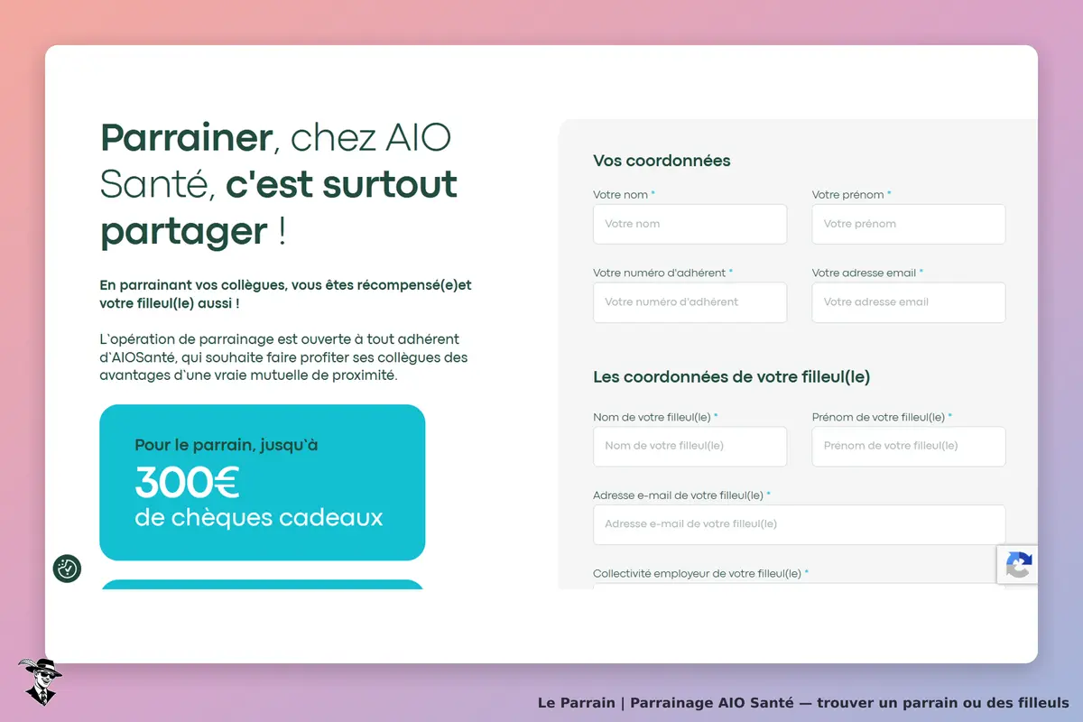 AIO Santé : page de parrainage avec formulaire de coordonnées pour parrain et filleul