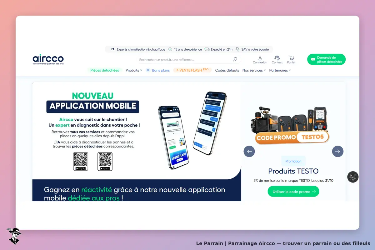 Aircco : page d'accueil présentant une application mobile et des produits Testo en promotion