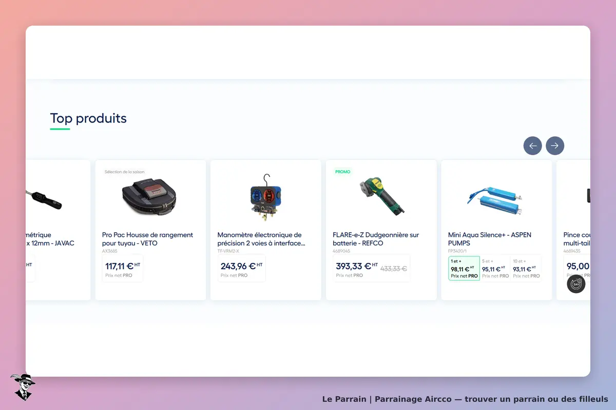 Aircco : affichage des top produits avec images et descriptions de divers outils et équipements