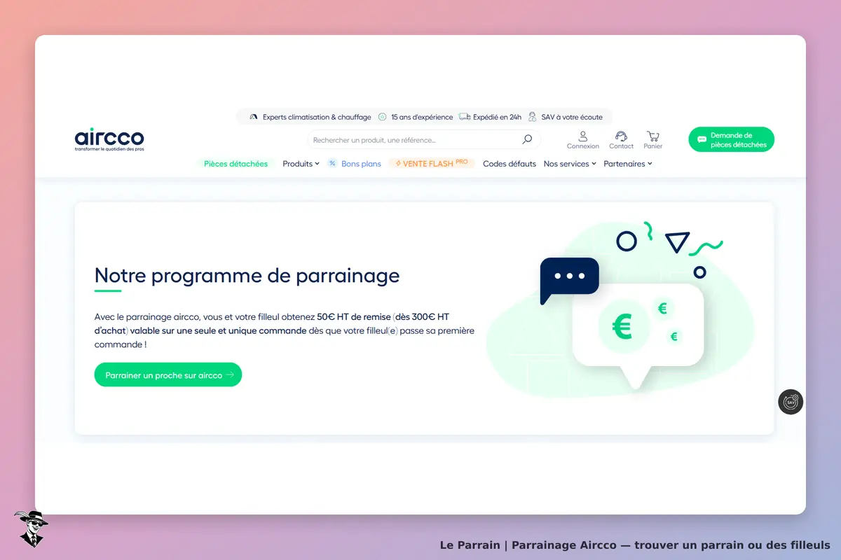 Aircco : page d'accueil présentant le programme de parrainage avec un bouton d'action