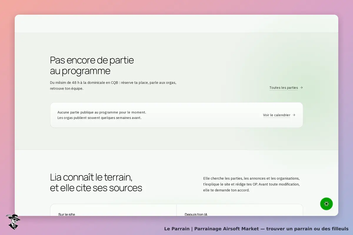 Airsoft Market : page d'accueil avec informations sur les parties et présentation de Lia