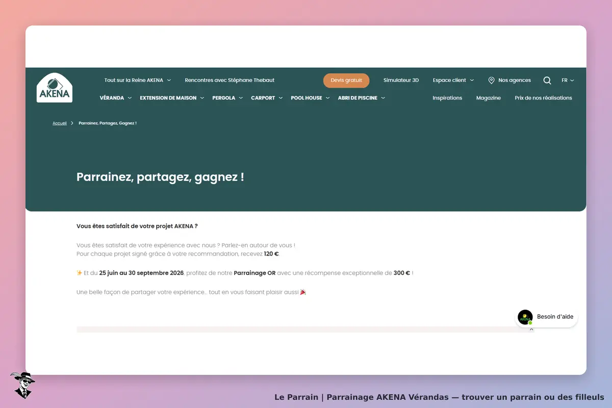 AKENA Vérandas : page d'accueil avec un appel à parrainer et partager son expérience
