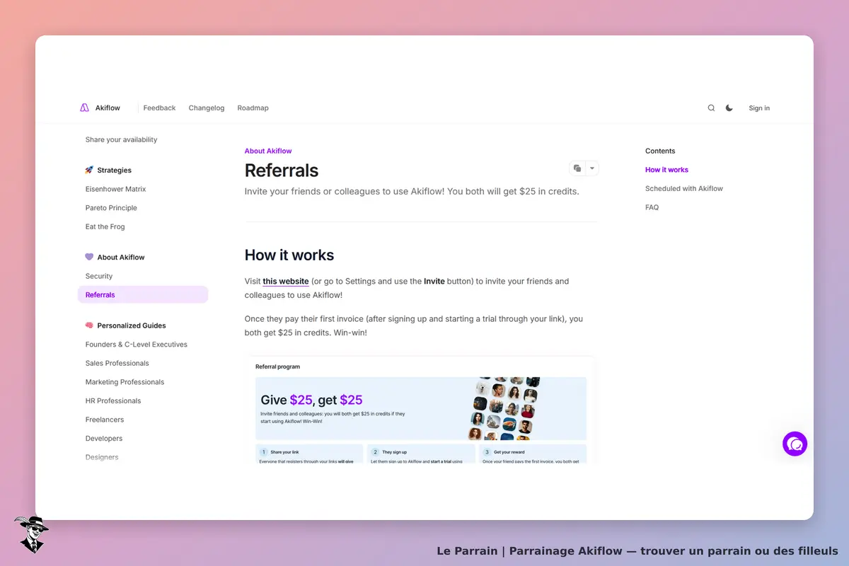 Akiflow : page sur le programme de parrainage avec explications et étapes visibles