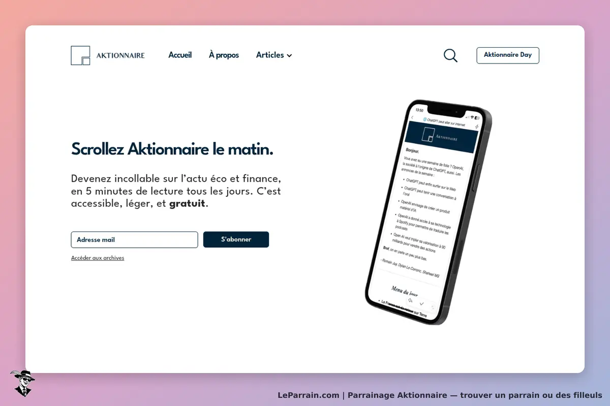 Aktionnaire : page d'accueil avec un smartphone affichant un article et un formulaire d'inscription