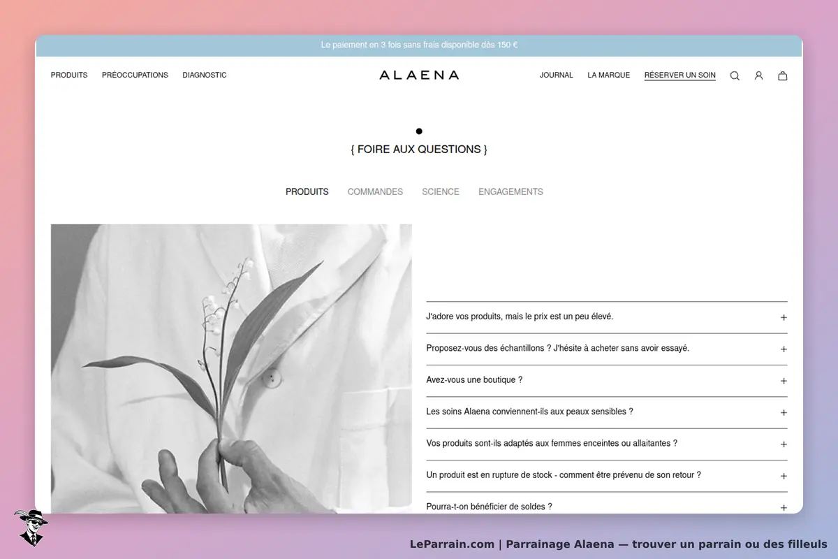 Alaena : page FAQ avec questions sur les produits et soins, accompagnée d'une image de plante