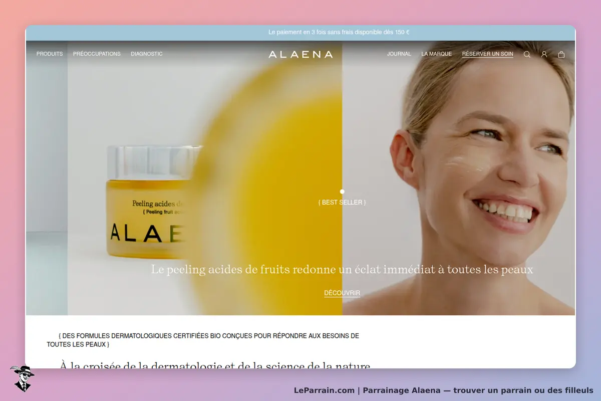 Alaena : un produit de soin avec un pot jaune et une femme souriante à côté