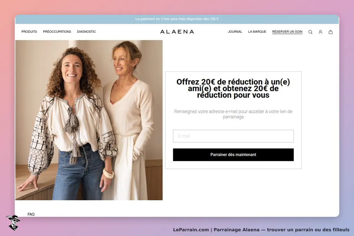 Alaena : deux femmes souriantes sur la page d'accueil avec un formulaire de parrainage