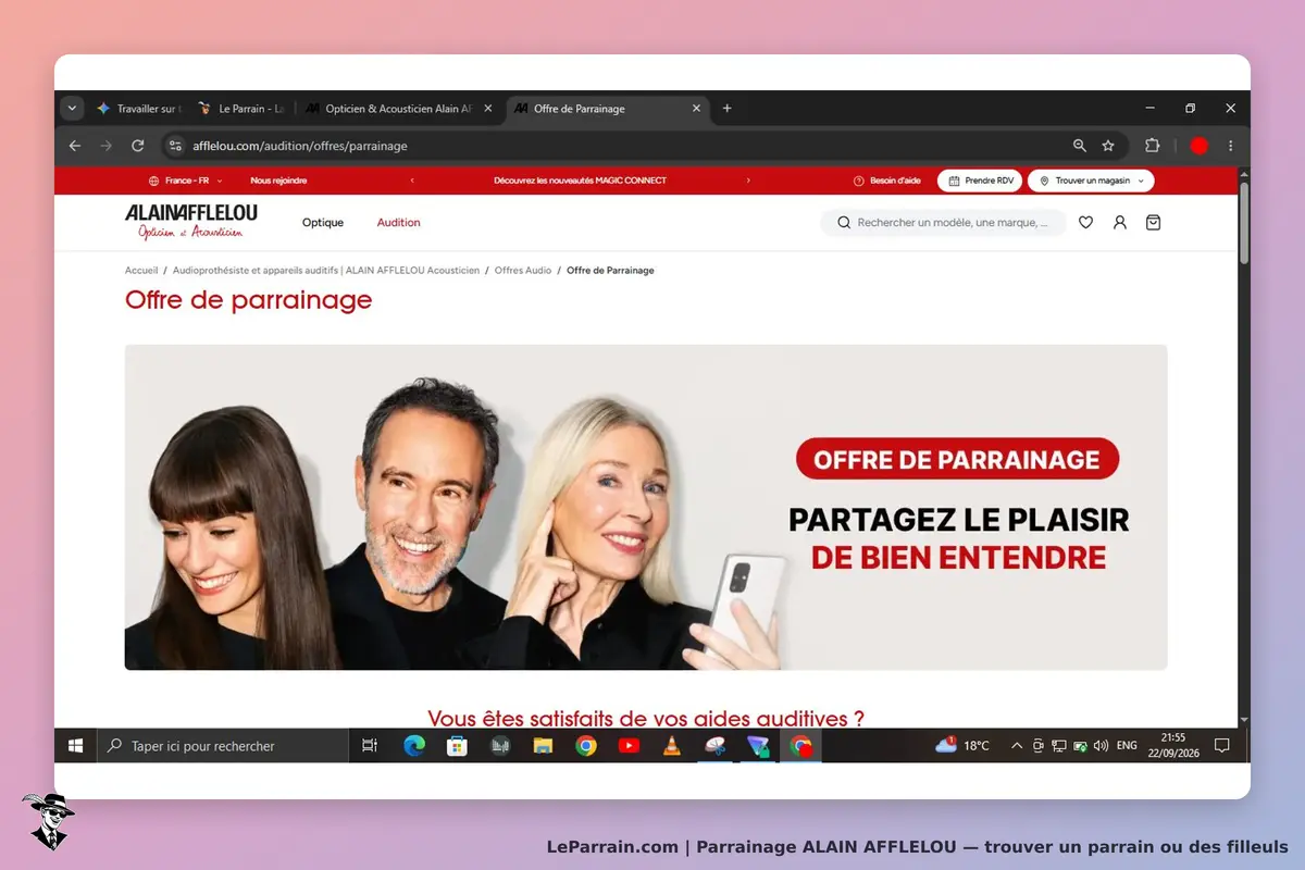 ALAIN AFFLELOU : page d'accueil avec une offre de parrainage et trois personnes souriantes