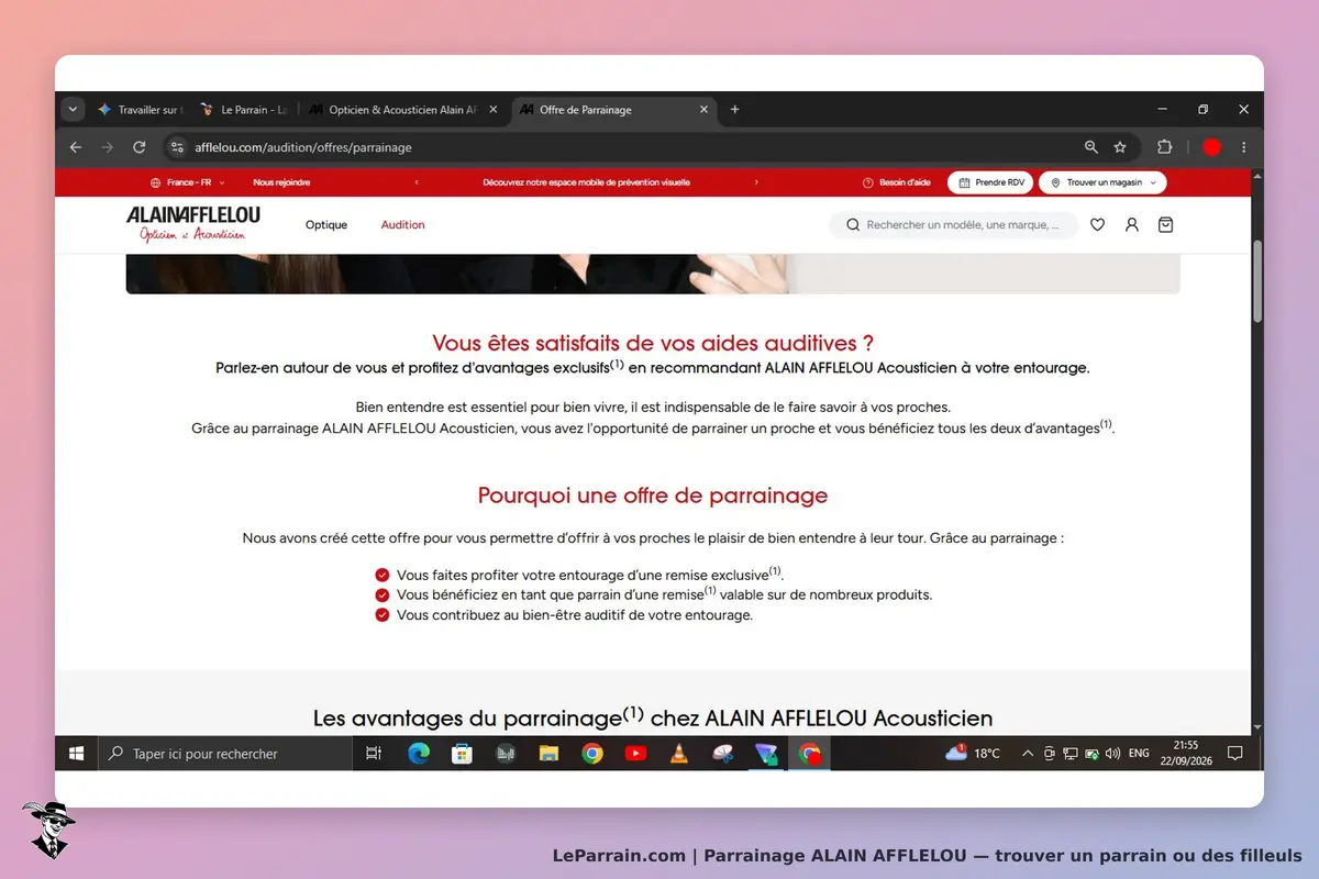 ALAIN AFFLELOU : page d'accueil sur le parrainage pour les aides auditives avec texte explicatif