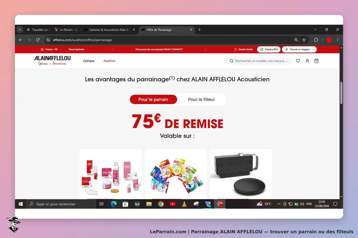 ALAIN AFFLELOU : page d'accueil présentant les avantages du parrainage et divers produits
