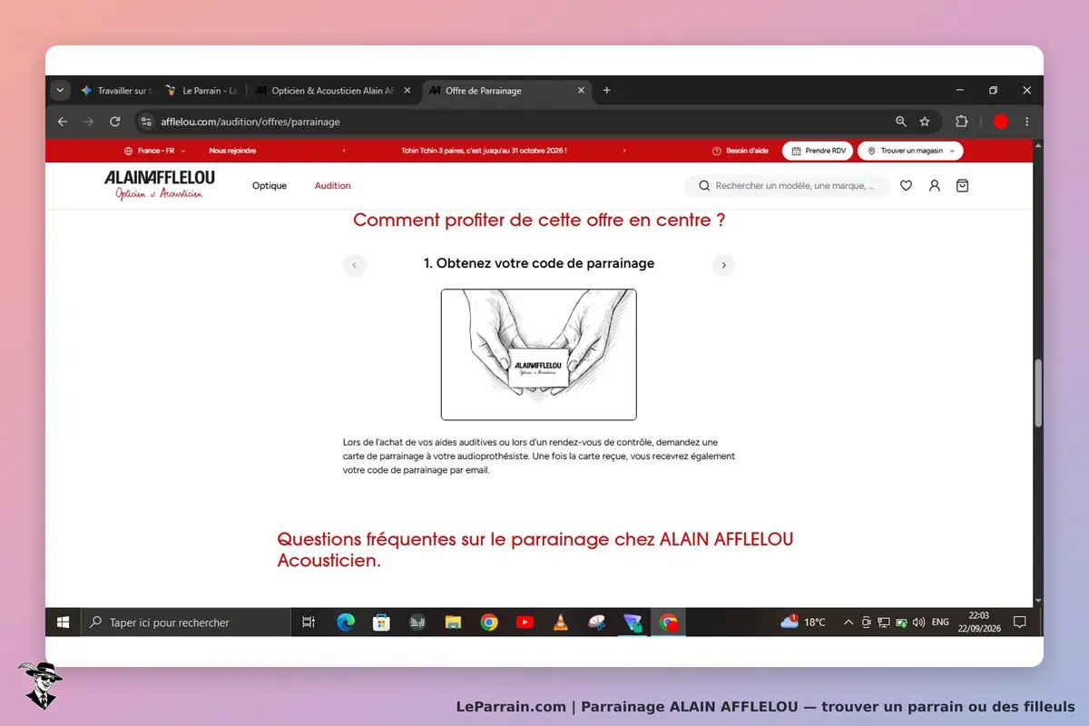 ALAIN AFFLELOU : page sur le parrainage avec instructions et illustration de mains tenant une carte
