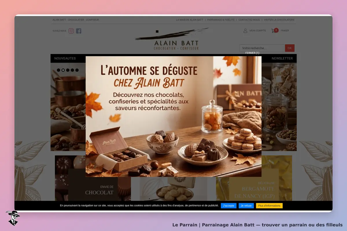 Alain Batt : page d'accueil avec des chocolats et confiseries en présentation automnale