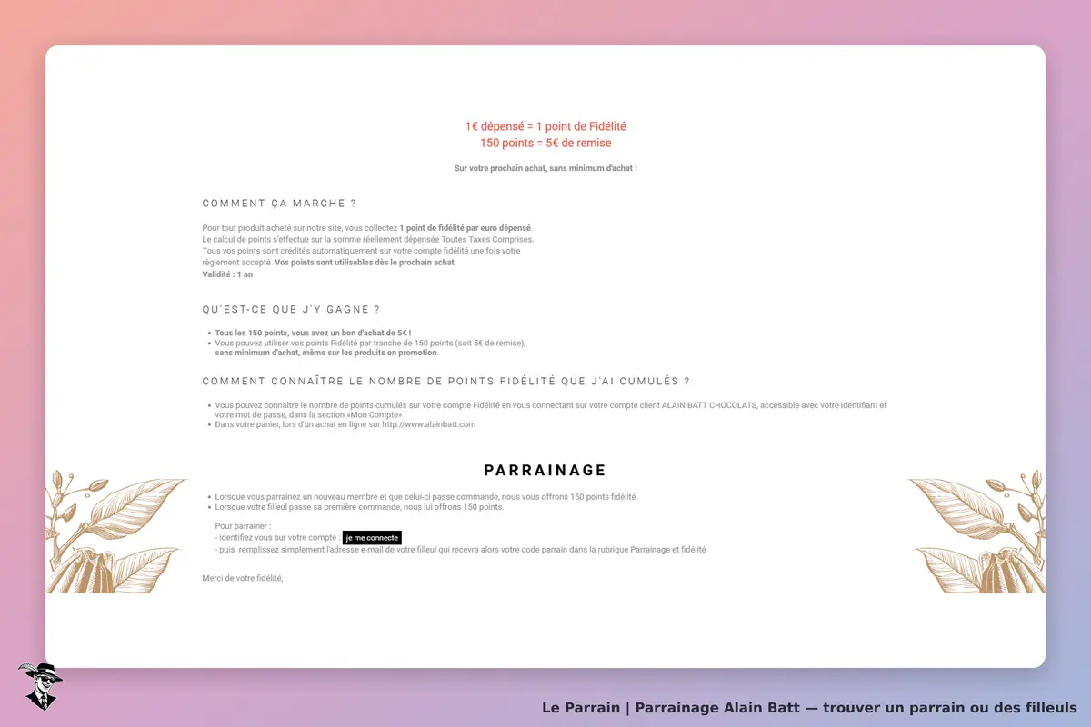Alain Batt : page d'accueil présentant le programme de fidélité et de parrainage