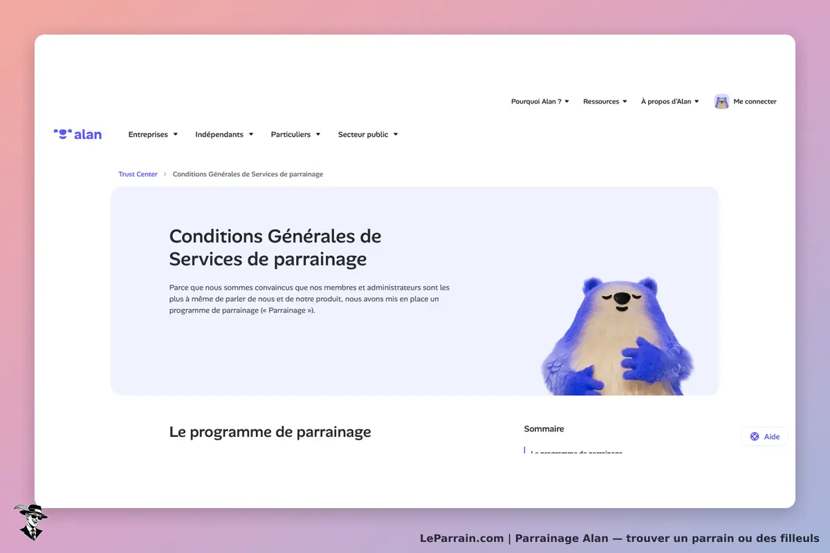 Alan : conditions générales de services de parrainage avec un ours en illustration