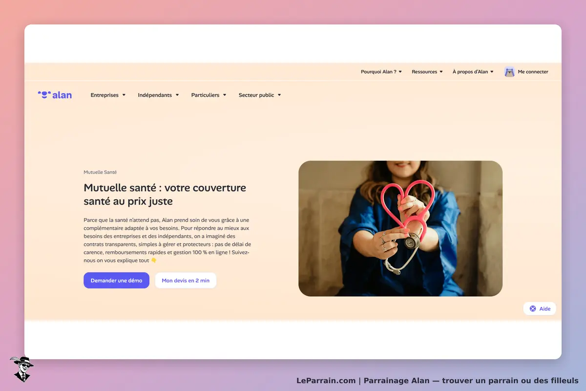 Alan : page d'accueil avec un message sur la mutuelle santé et une personne tenant un stéthoscope