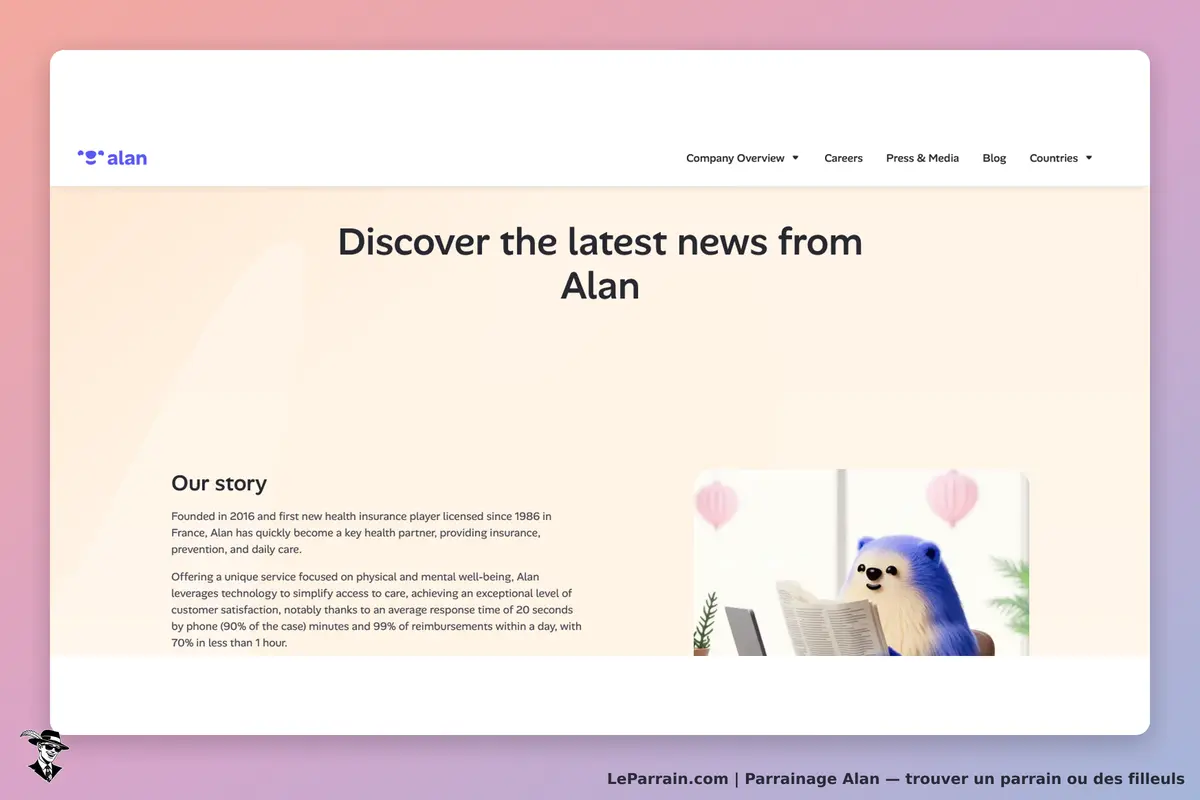 Alan : page d'accueil présentant des informations sur l'entreprise et un personnage animé