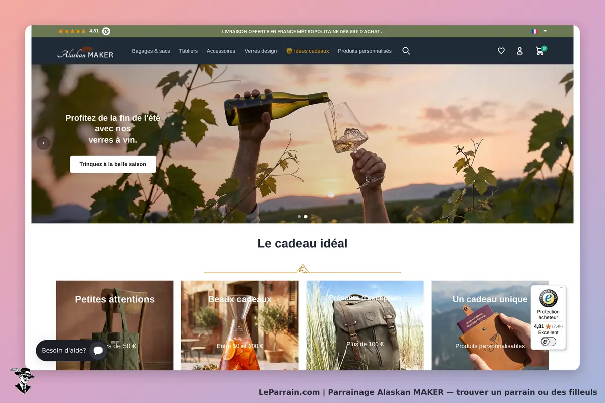 Alaskan MAKER : page d'accueil avec verres à vin et sections pour idées cadeaux et assistance