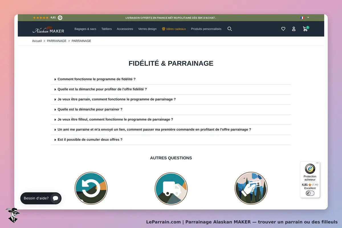 Alaskan MAKER : page sur la fidélité et le parrainage avec questions fréquentes affichées
