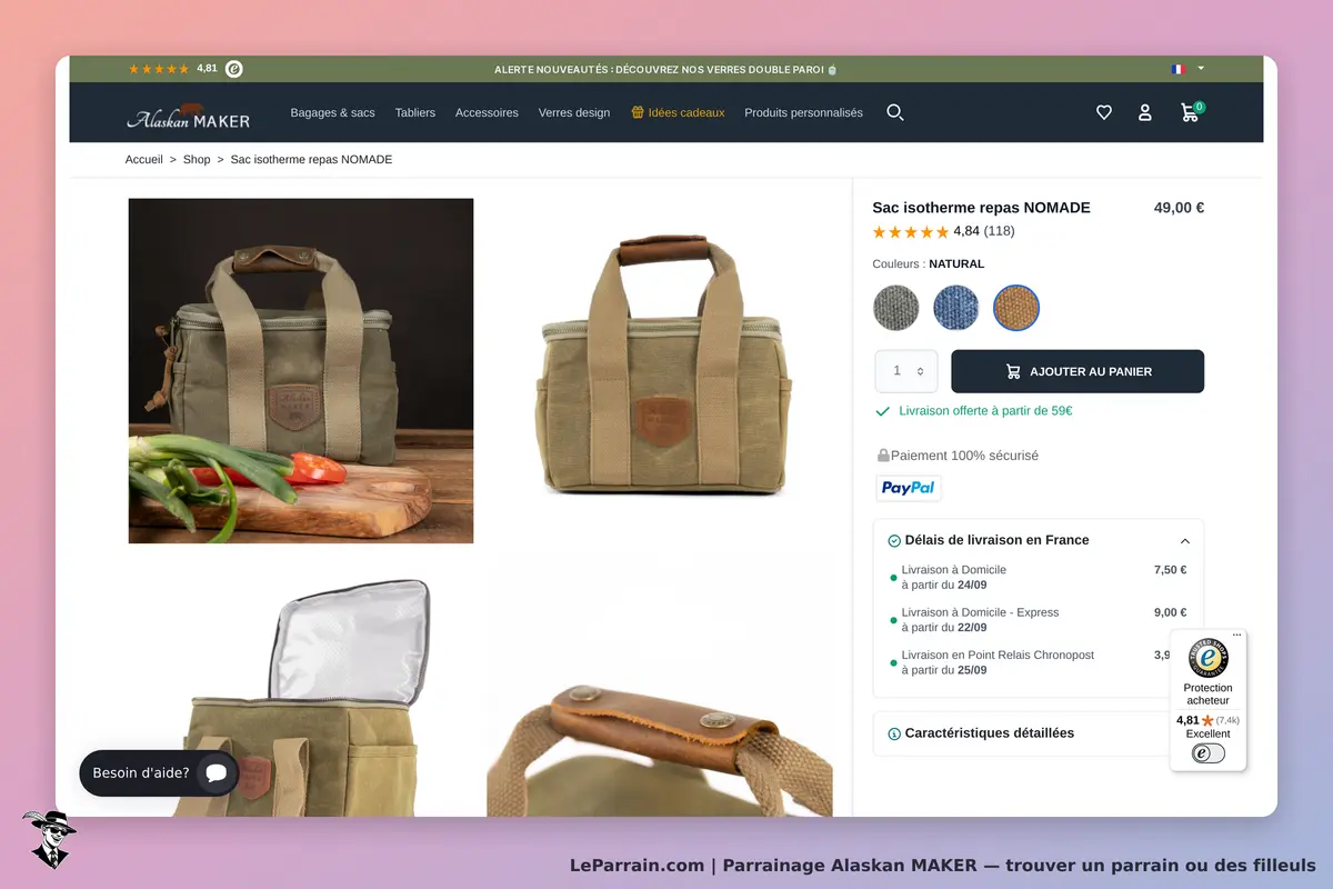Alaskan MAKER : sac isotherme repas NOMADE, images et informations à droite sur la page