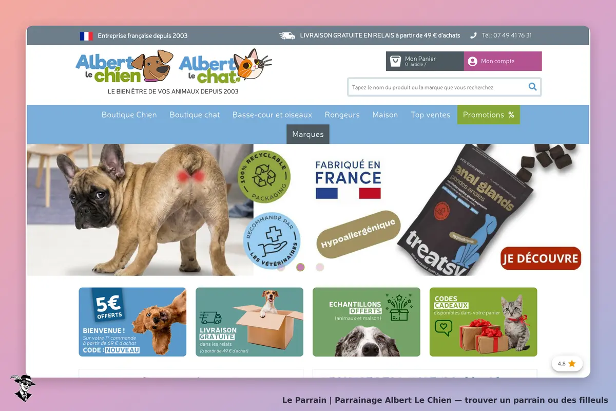 Albert Le Chien : page d'accueil avec un chien et des sections pour produits et promotions