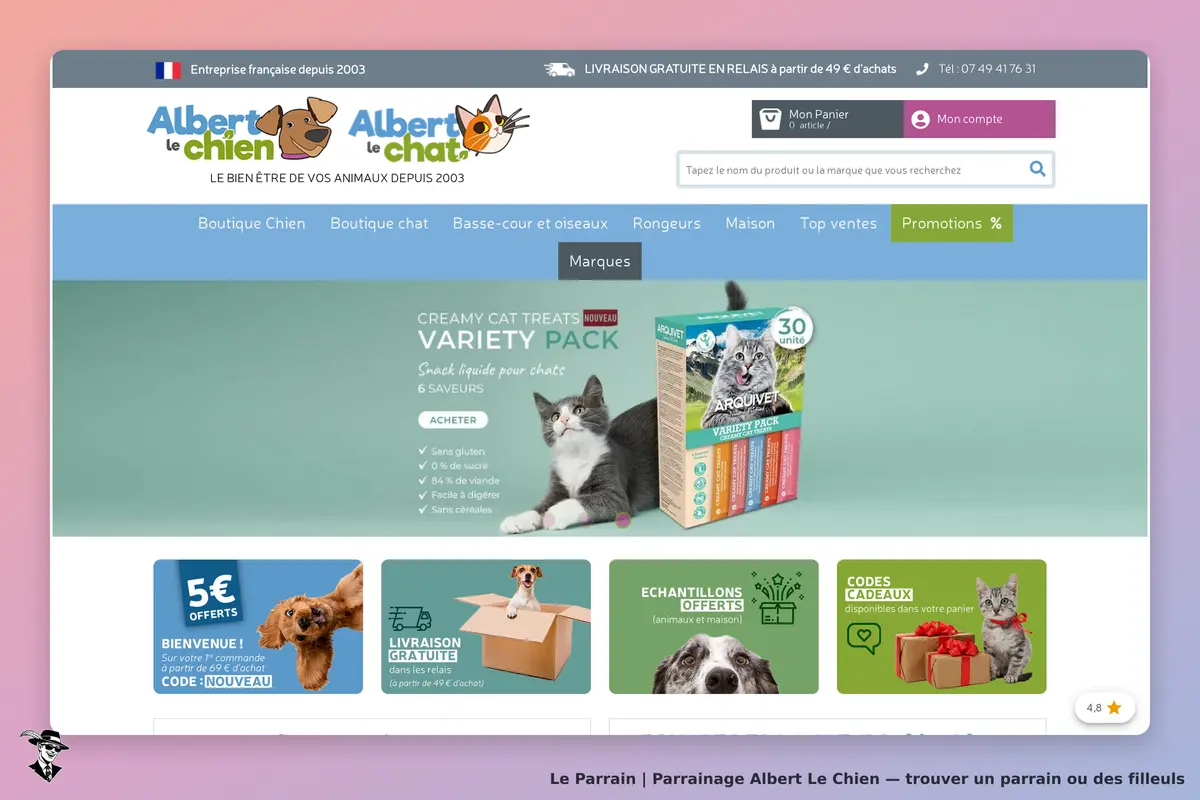 Albert Le Chien : page d'accueil avec produits pour animaux et promotions visibles