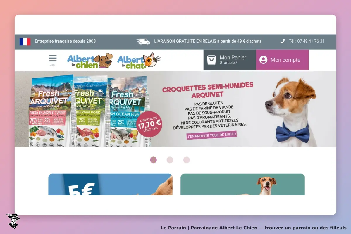 Albert Le Chien : page d'accueil avec produits alimentaires pour chiens et un chien en nœud