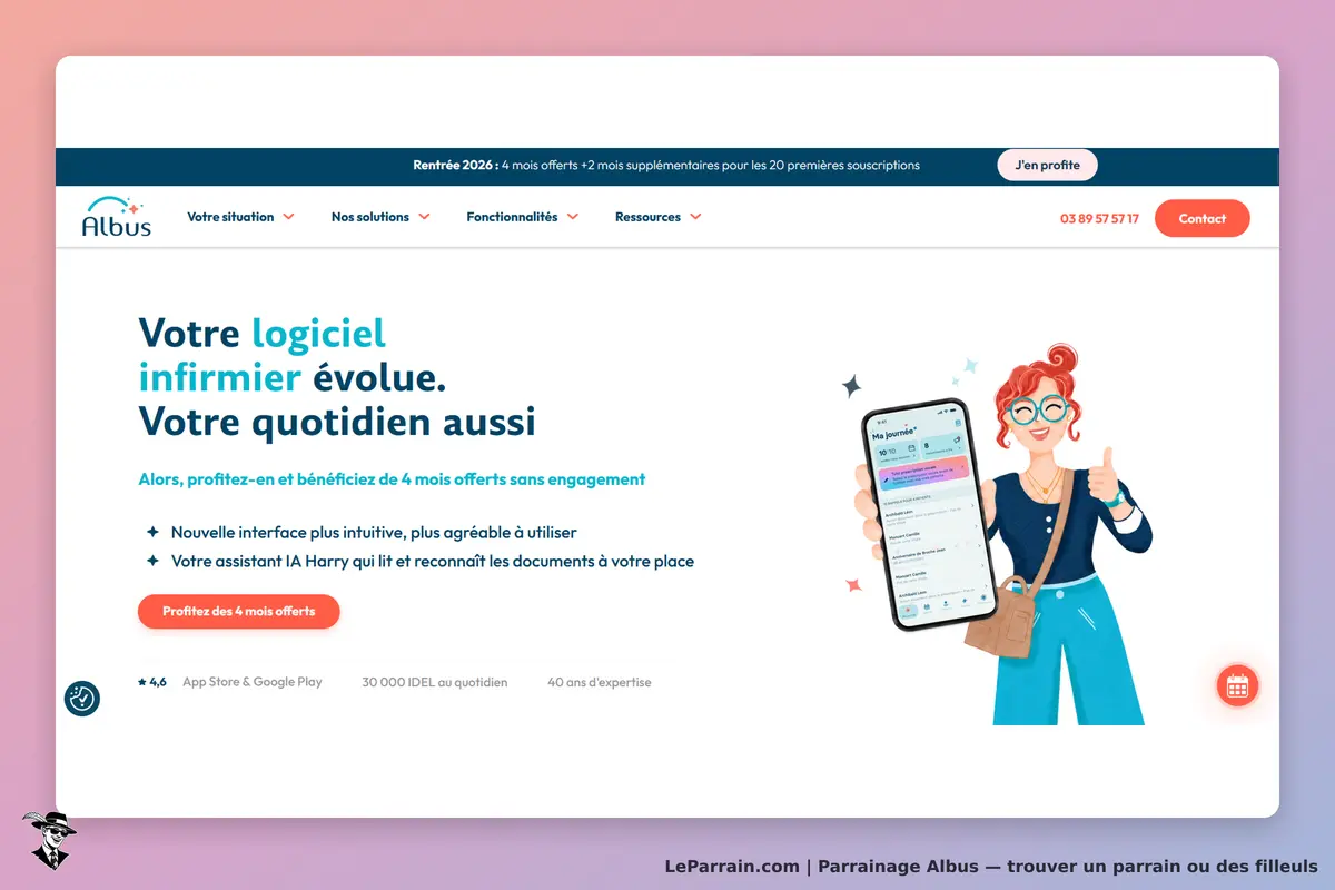 Albus : page d'accueil avec une illustration d'une femme tenant un smartphone et des textes