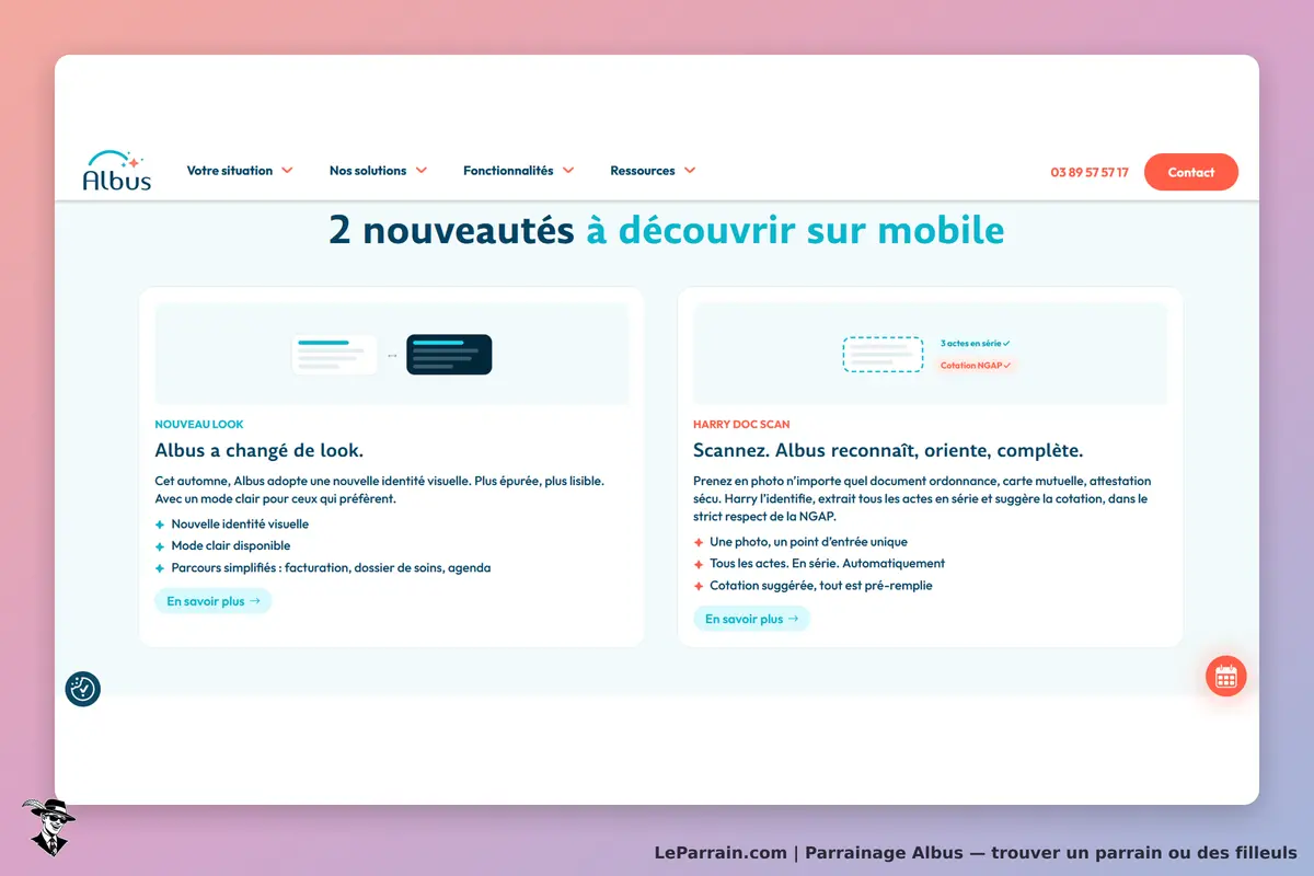 Albus : page d'accueil présentant deux nouvelles fonctionnalités sur mobile