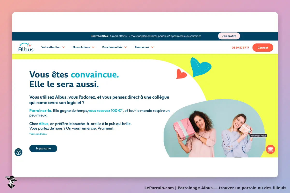 Albus : page d'accueil avec un message de parrainage et deux femmes tenant des cadeaux