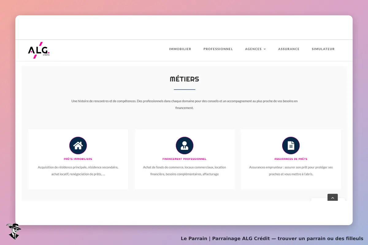 ALG Crédit : section métiers avec trois catégories de services financiers présentées